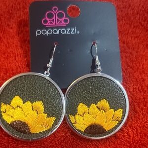 Paparazzi Sunflower Embroidered Earrings - Yellow and Silver